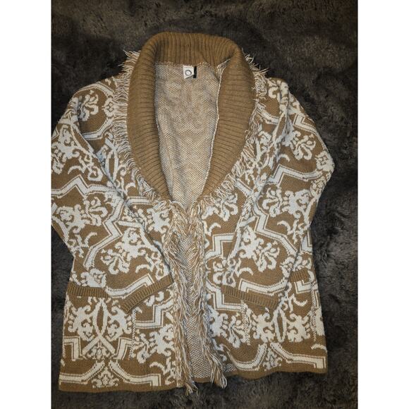 Akemi+Kin Anthropologie Italy Boho Knit Cardigan Women’s Mocha/White + Fringe M - Picture 1 of 5